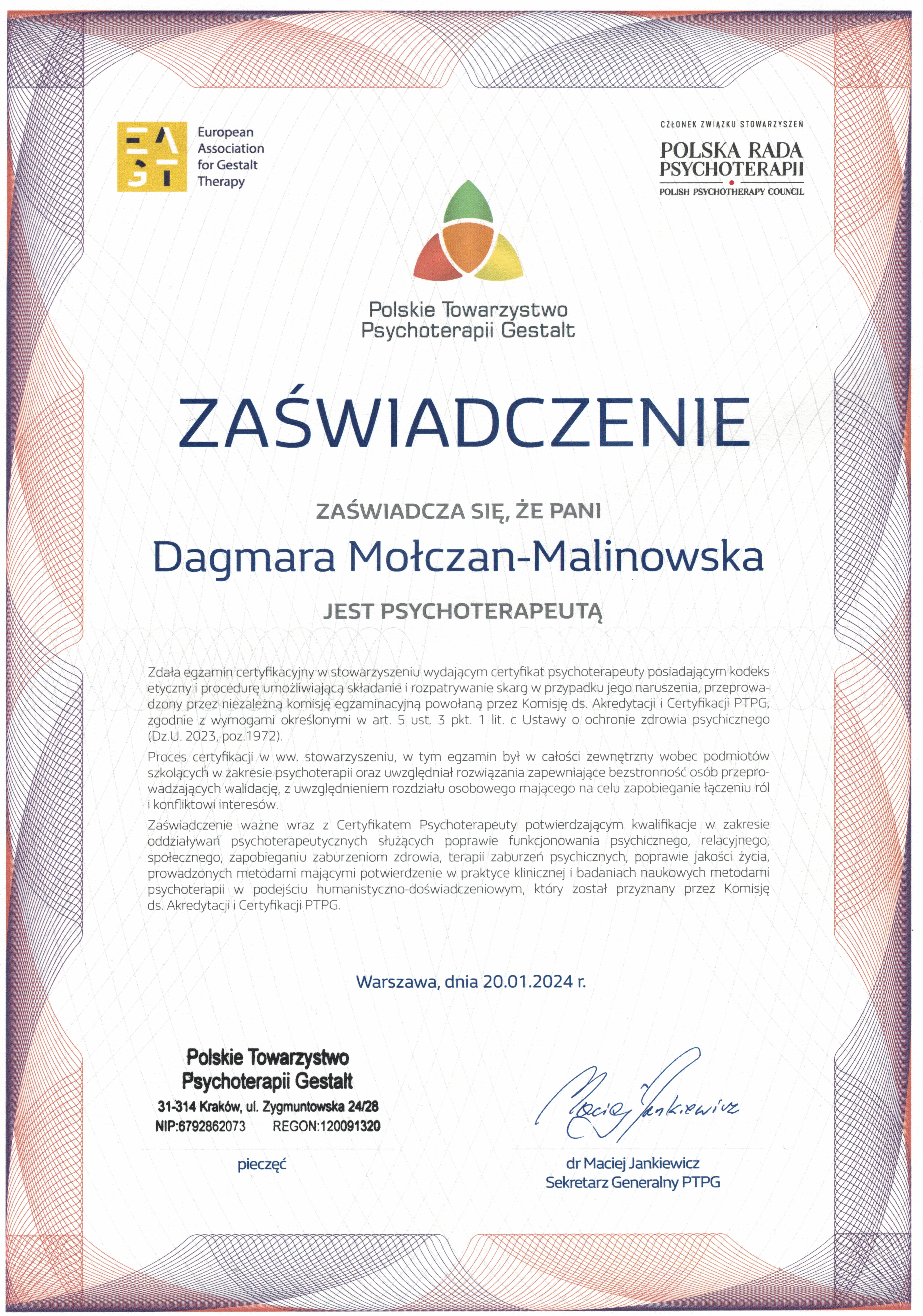 Zaświadczenie o ukończeniu szkolenia